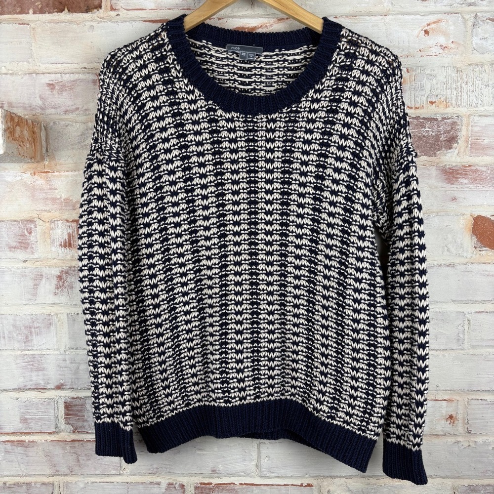 Vince Marled Knit Crewneck Sweater Womens Size XS Navy Cream Cotton Chunky Cozy